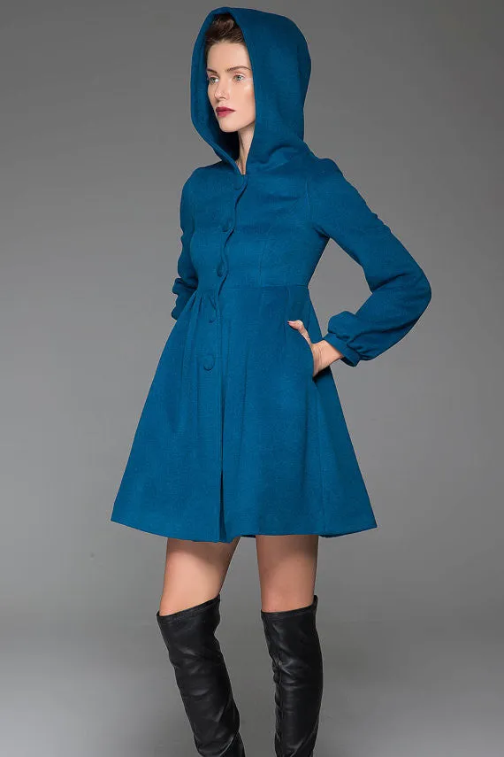 Blue Swing Coat - Hooded Fit & Flare Short Winter Jacket with Lantern Sleeves Women's Outerwear 1419#