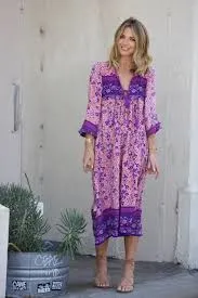 Boho Maxi Dress "Folk Town" Pink & Purple Floral Peasant Sleeved Long Festival Gown Small Medium Or Large