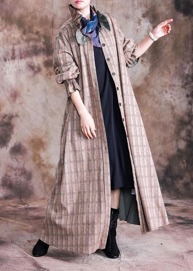 boutique plus size long coat fall woolen outwear khaki plaid Cinched wool coat for woman