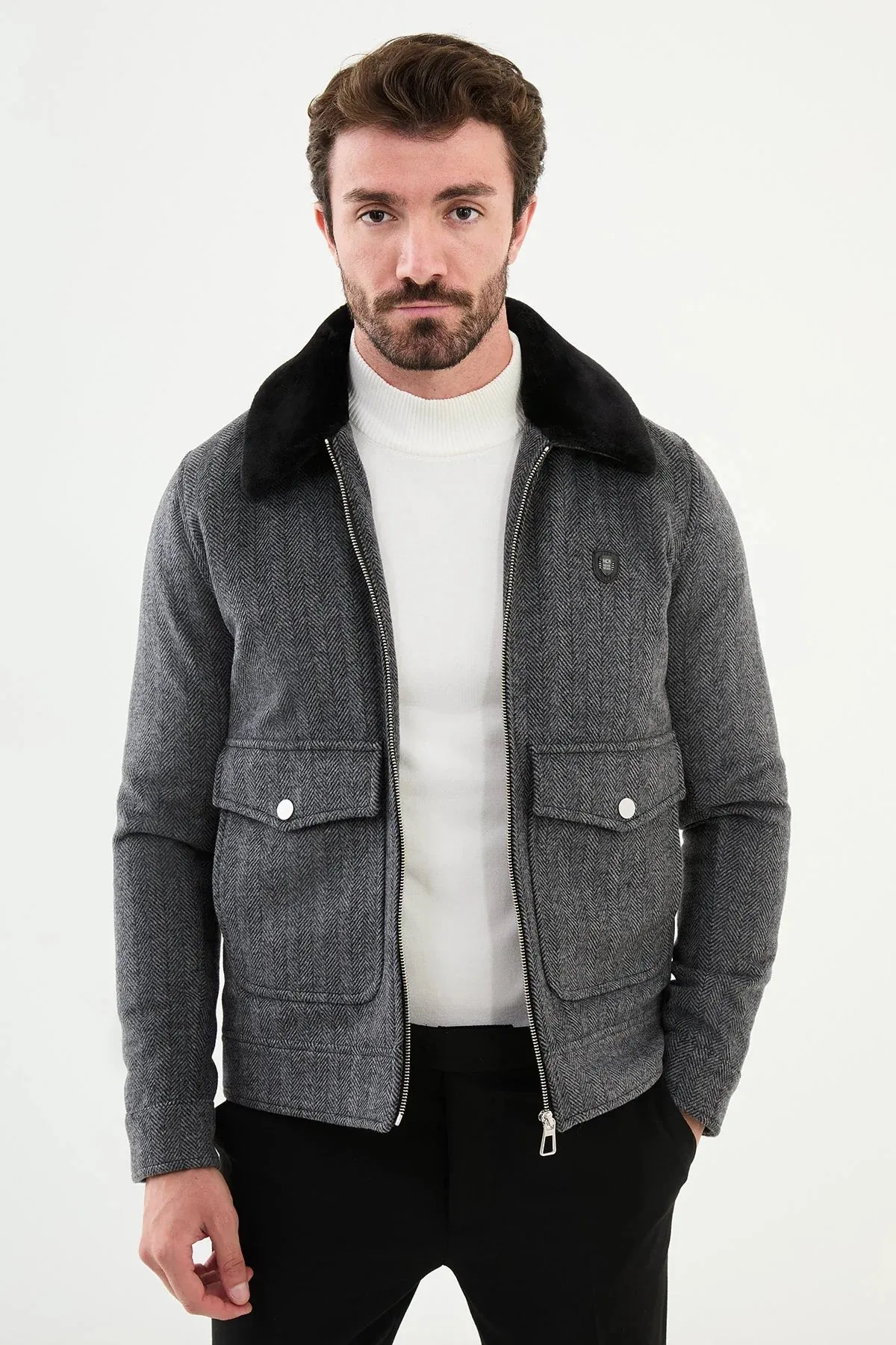 Brabion Eden Gray Fur Slim Fit Wool Coat