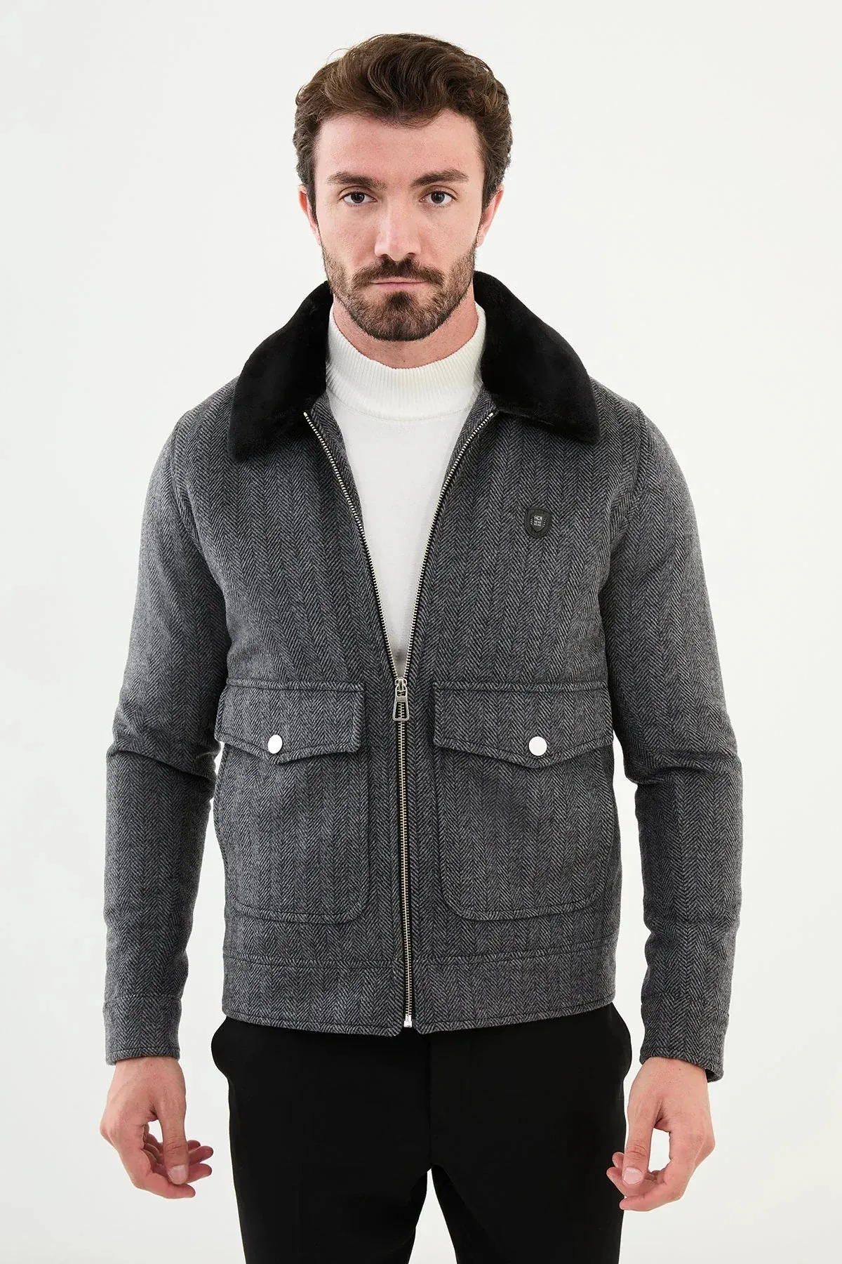 Brabion Eden Gray Fur Slim Fit Wool Coat