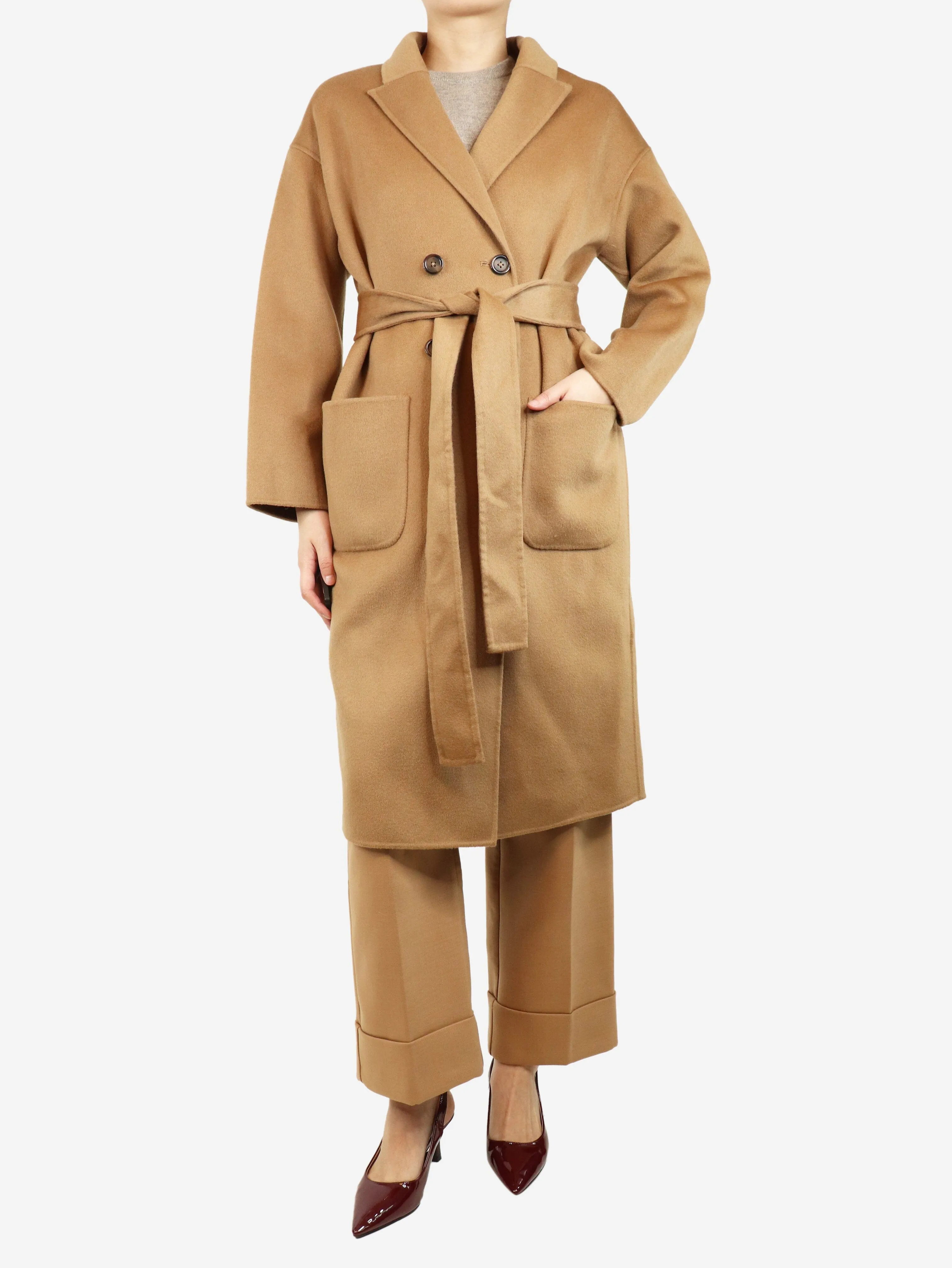 Brown double-breasted wool coat - size S