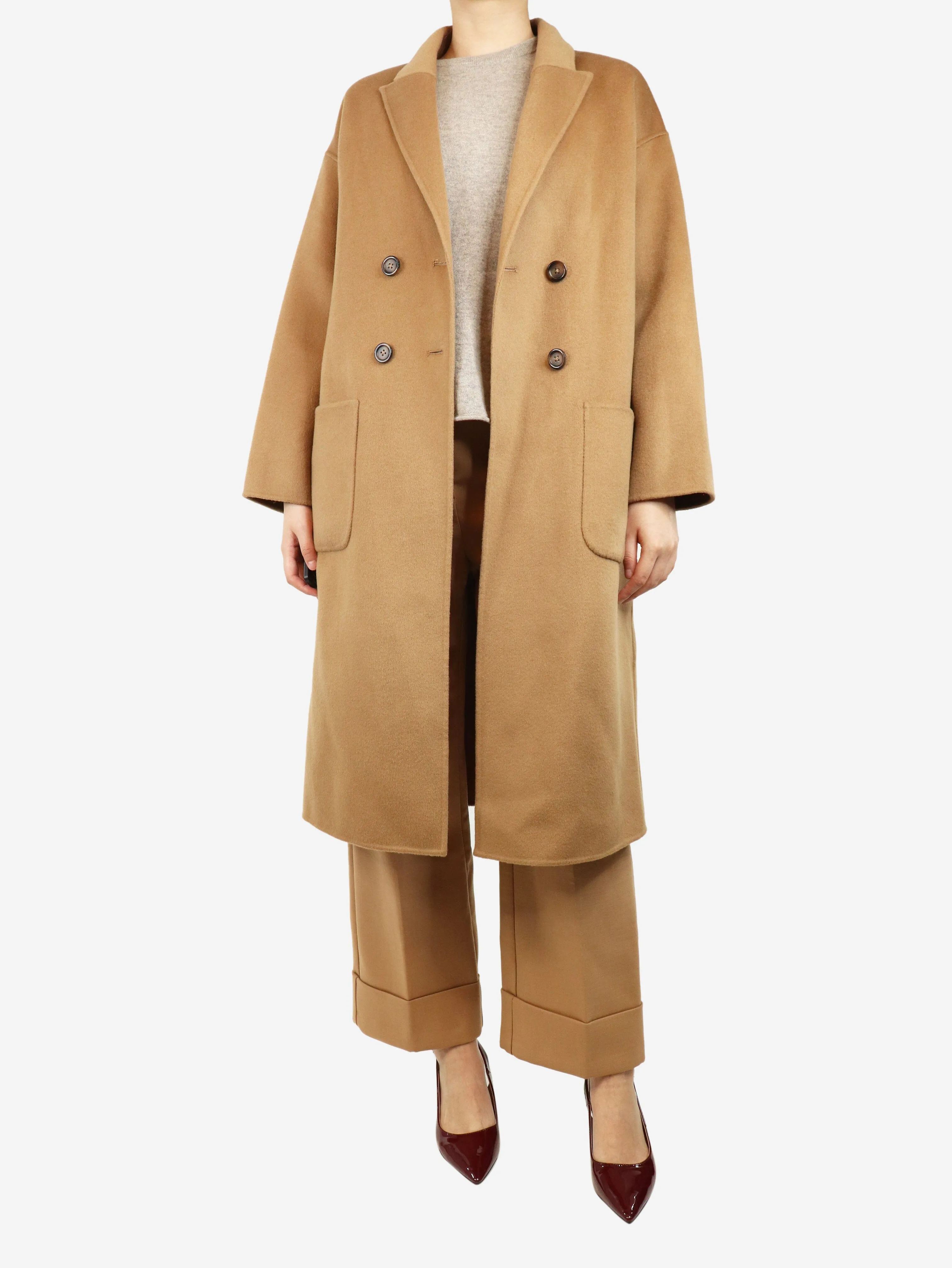 Brown double-breasted wool coat - size S