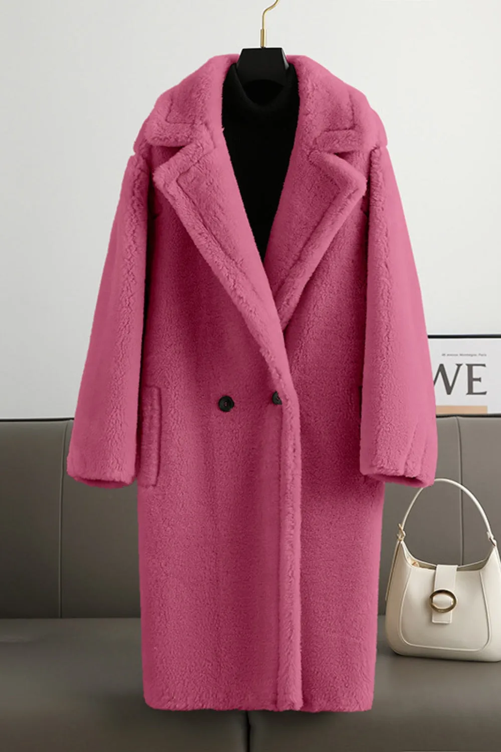 Brown Notched Lapel Long Teddy Wool coat