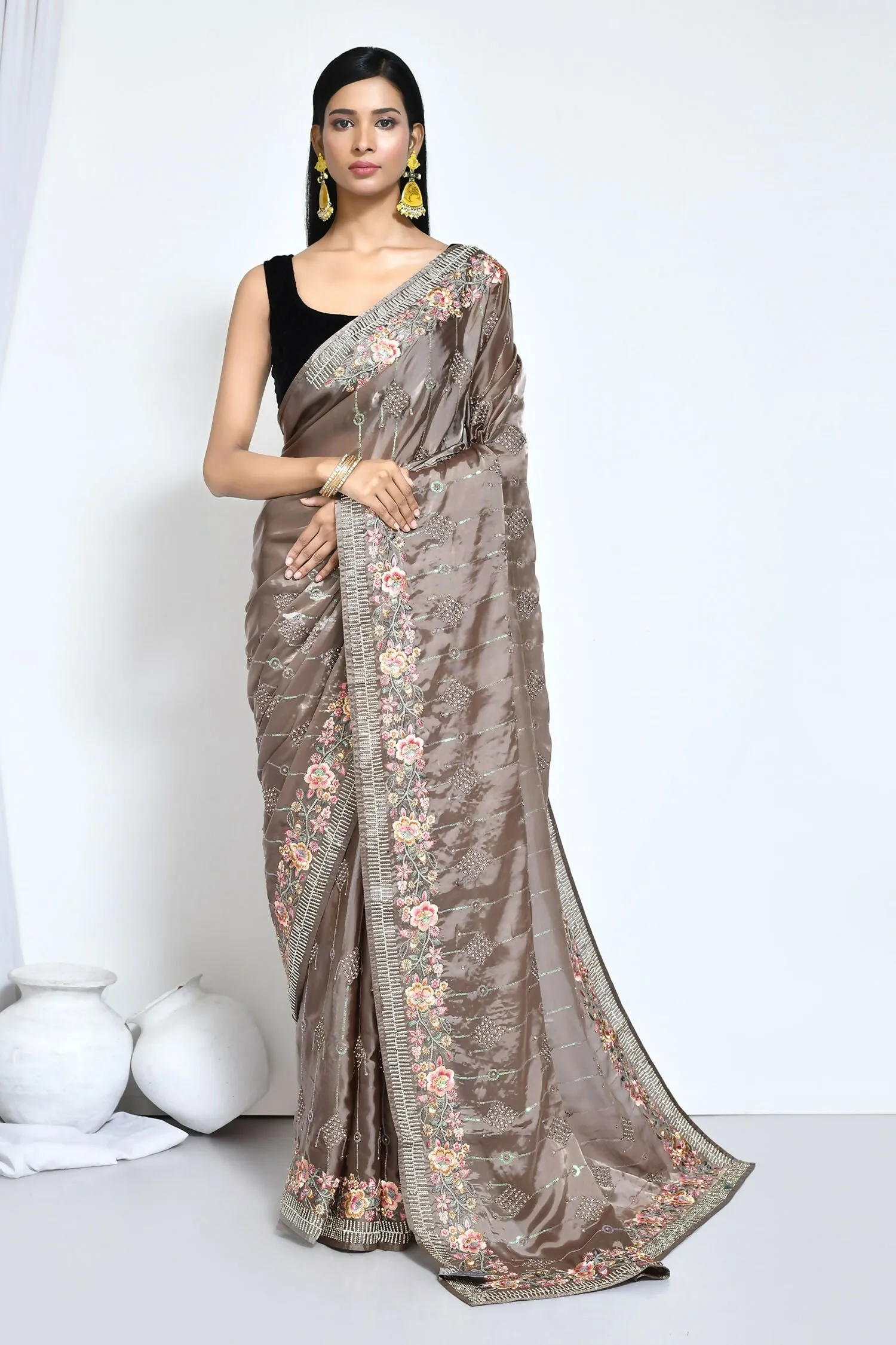 Brown Satin Silk Sequence Embroidered with Stone work Saree - Nimaya Benzy