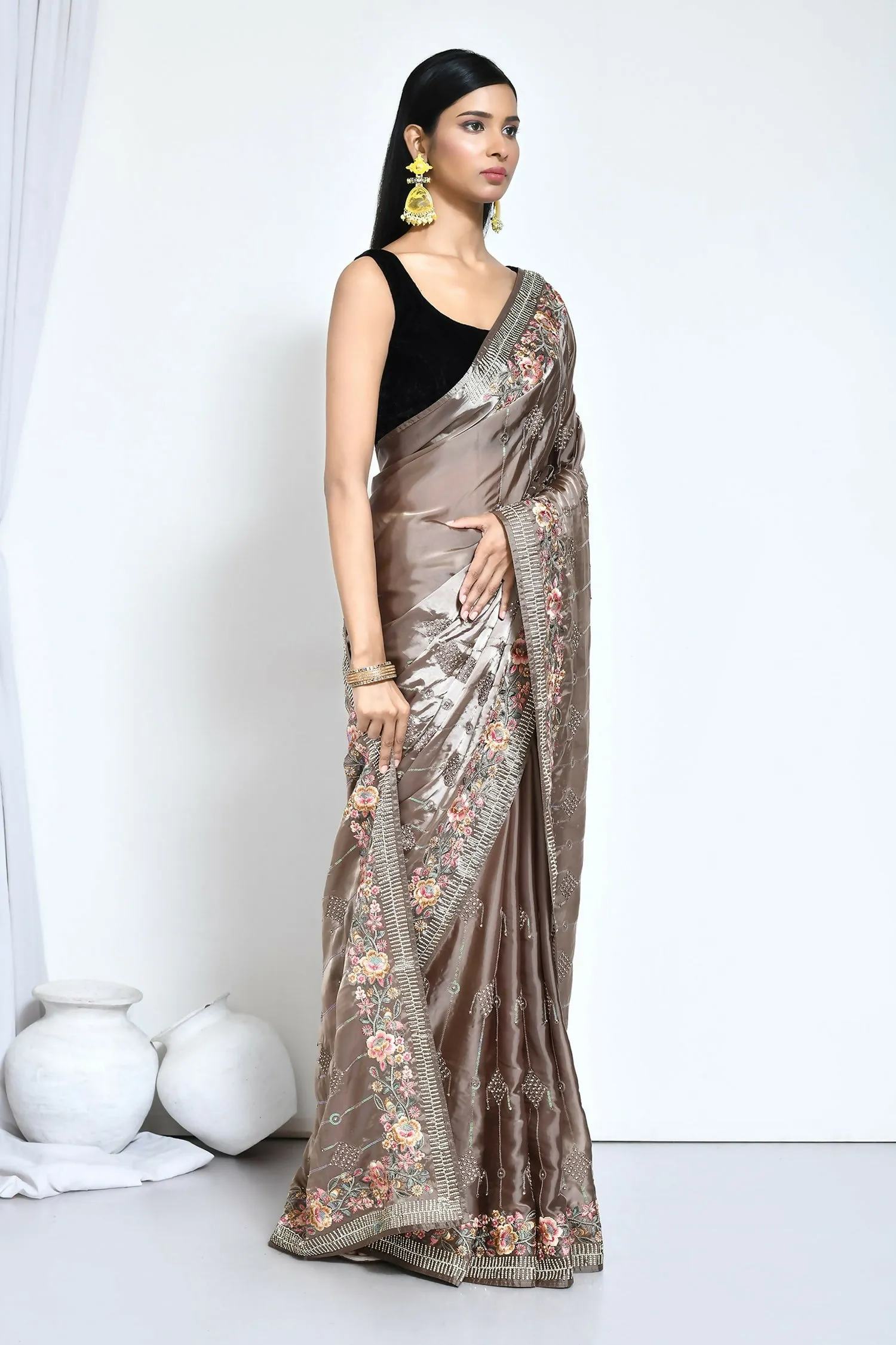 Brown Satin Silk Sequence Embroidered with Stone work Saree - Nimaya Benzy