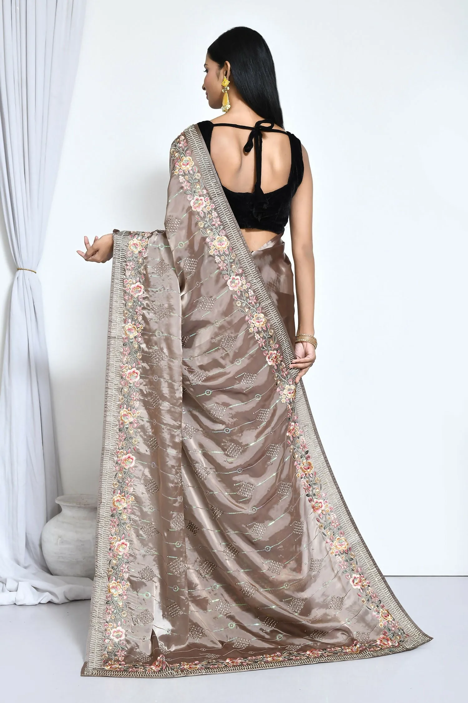 Brown Satin Silk Sequence Embroidered with Stone work Saree - Nimaya Benzy