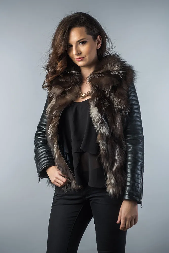 Brown Silver Genuine Arctic Fox Fur Lamb Nappa Leather Jacket