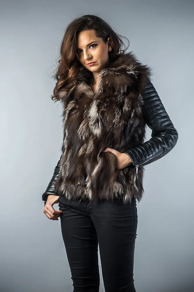 Brown Silver Genuine Arctic Fox Fur Lamb Nappa Leather Jacket