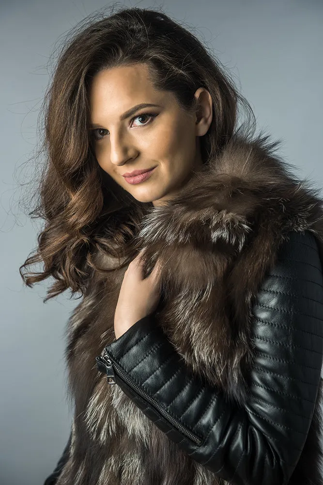 Brown Silver Genuine Arctic Fox Fur Lamb Nappa Leather Jacket