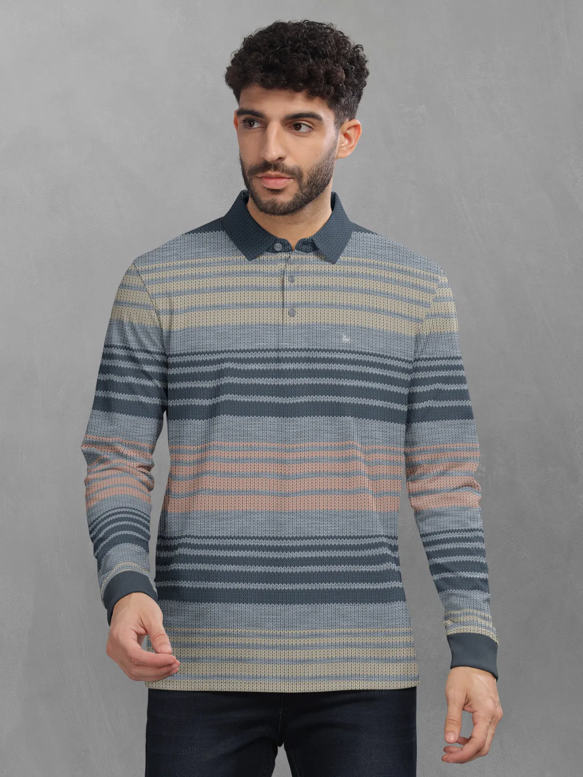 BULLMER Grey Striped Textured Printed Polo Neck FullSleeve T-shirt With Rib For Men