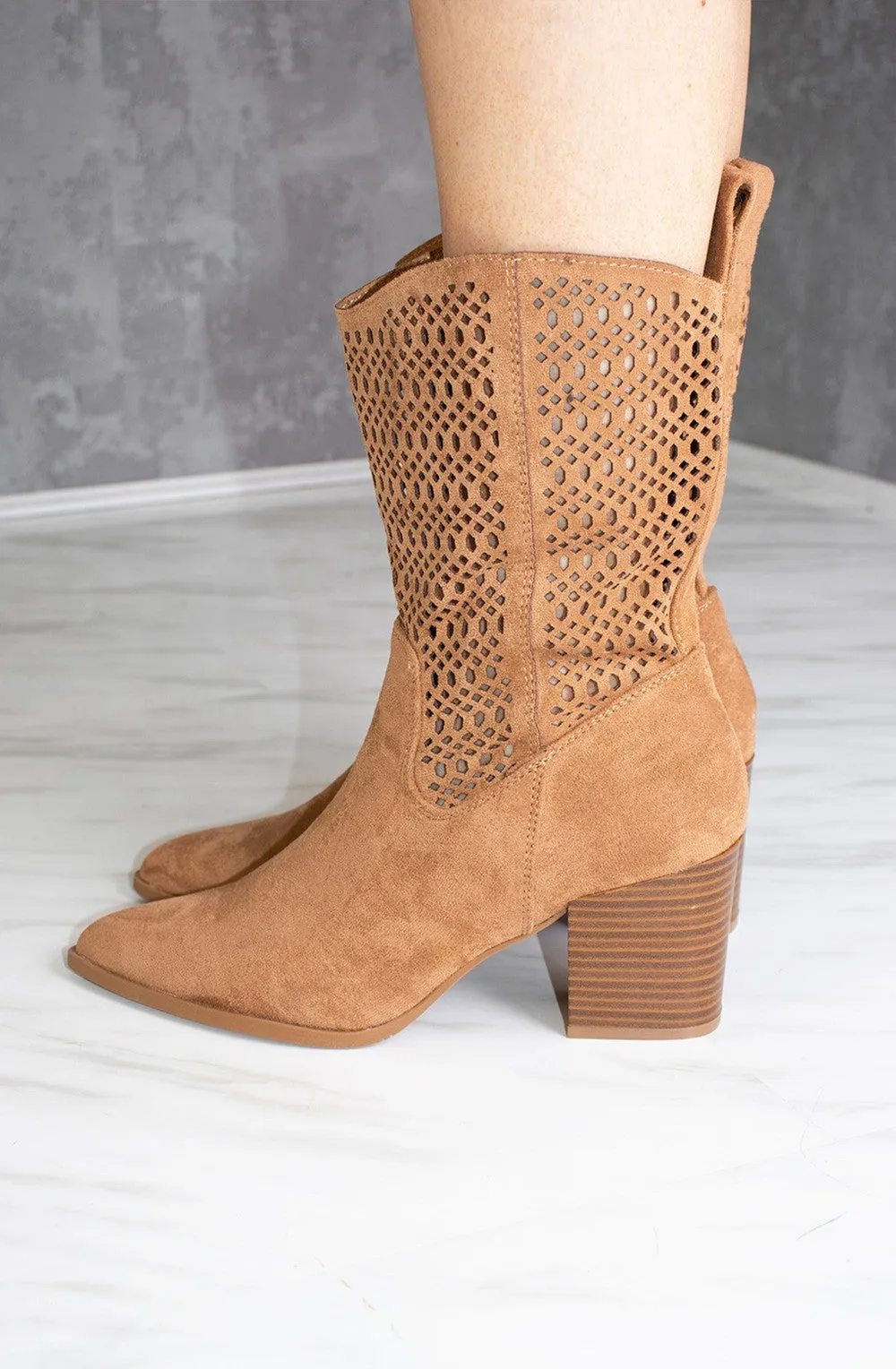 Camel Cut Out Heeled Calf Cowboy Boot