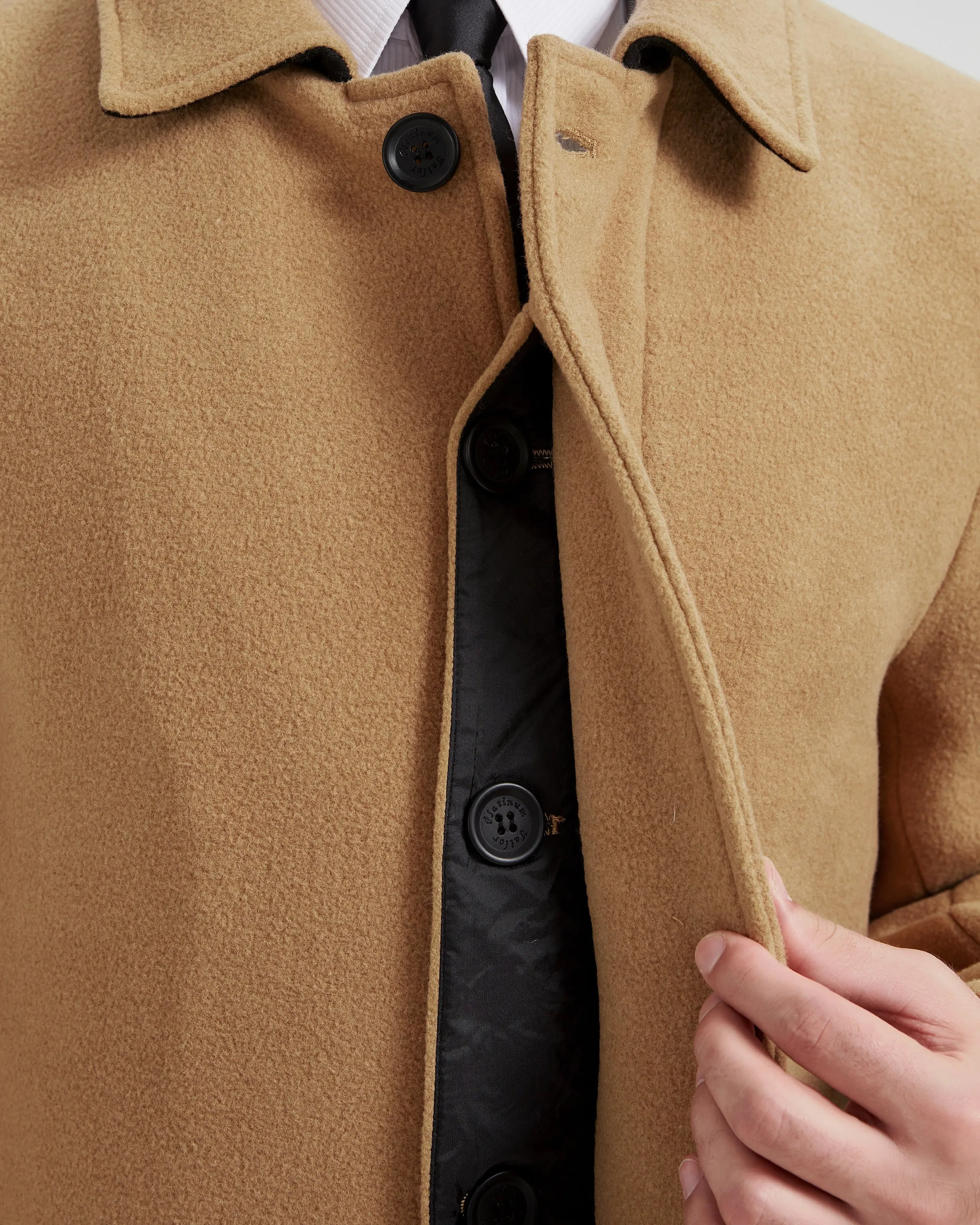 Camel Long Wool Cashmere Overcoat Hidden Buttons