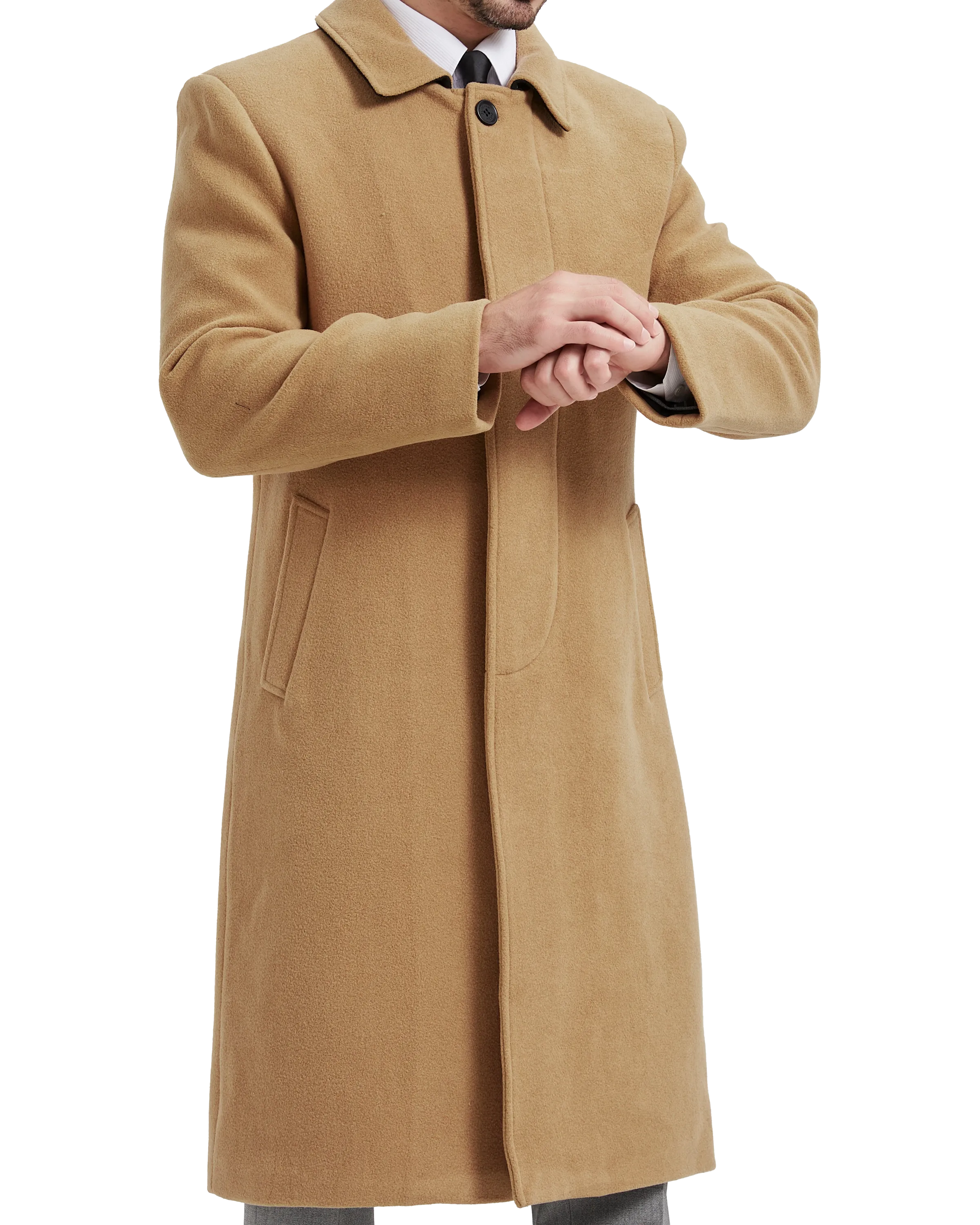 Camel Long Wool Cashmere Overcoat Hidden Buttons