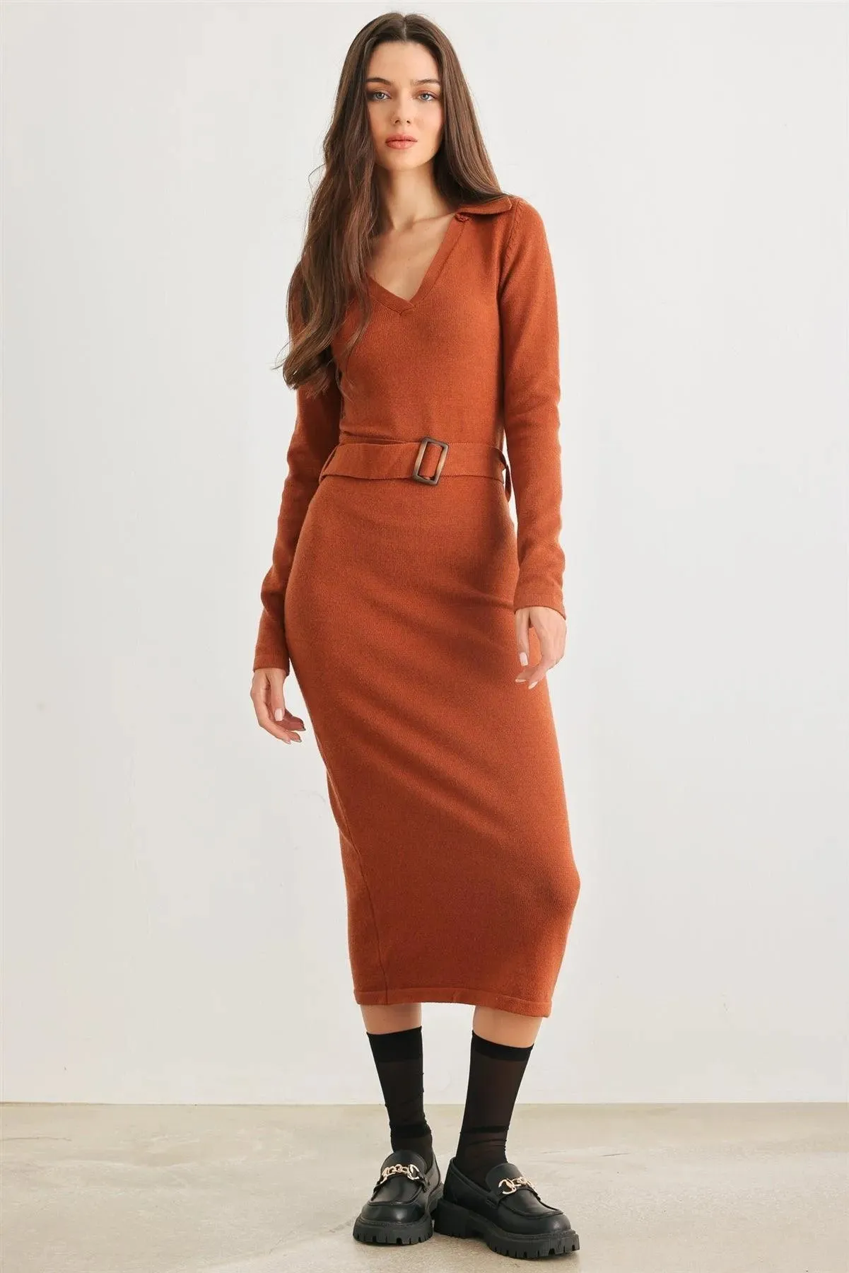 Caramel Knit Collared Neck Belted Midi Dress /2-2-2