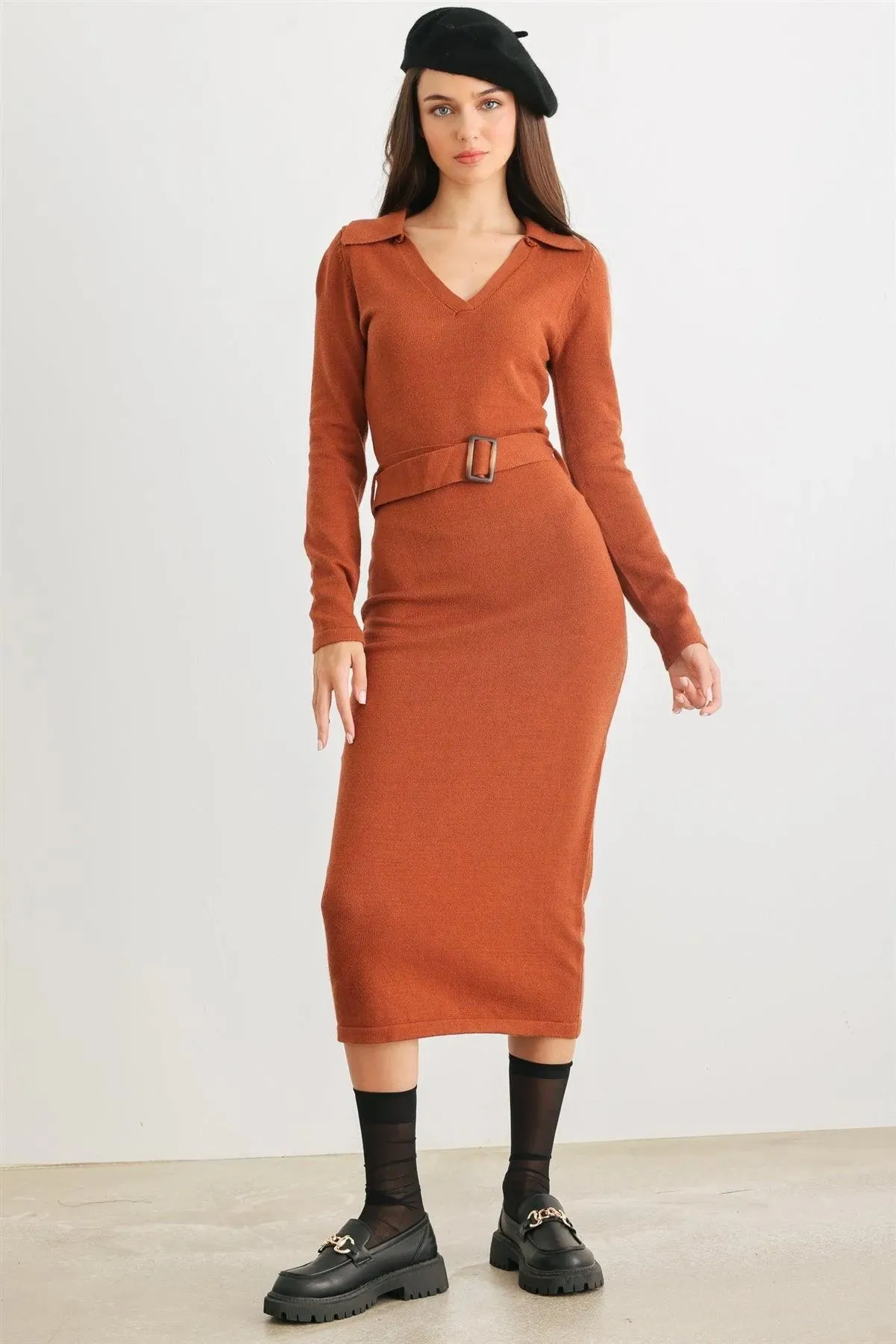 Caramel Knit Collared Neck Belted Midi Dress /2-2-2