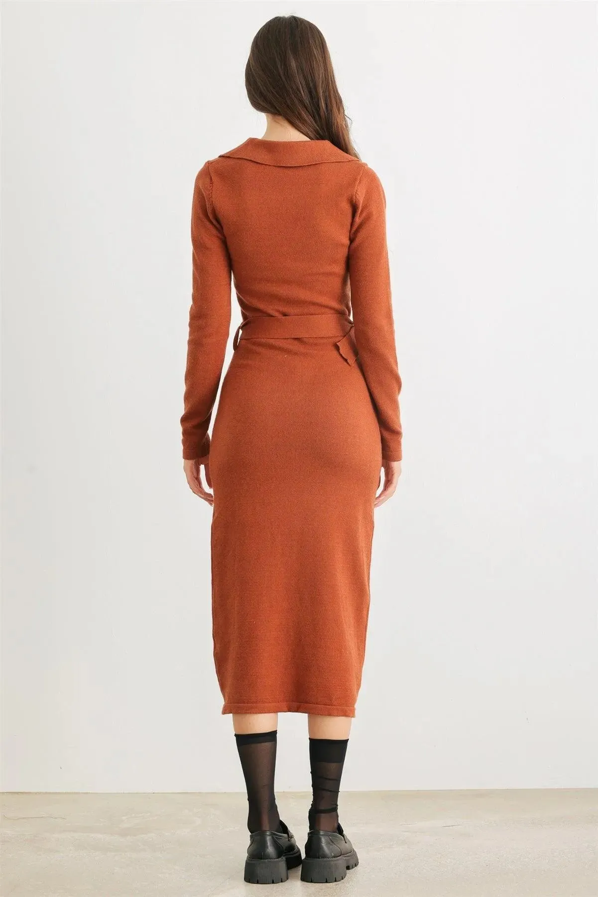 Caramel Knit Collared Neck Belted Midi Dress /2-2-2