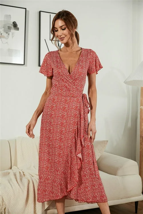 Casual  V Neck Short Sleeve Ruffle Hem Split Long Dresses