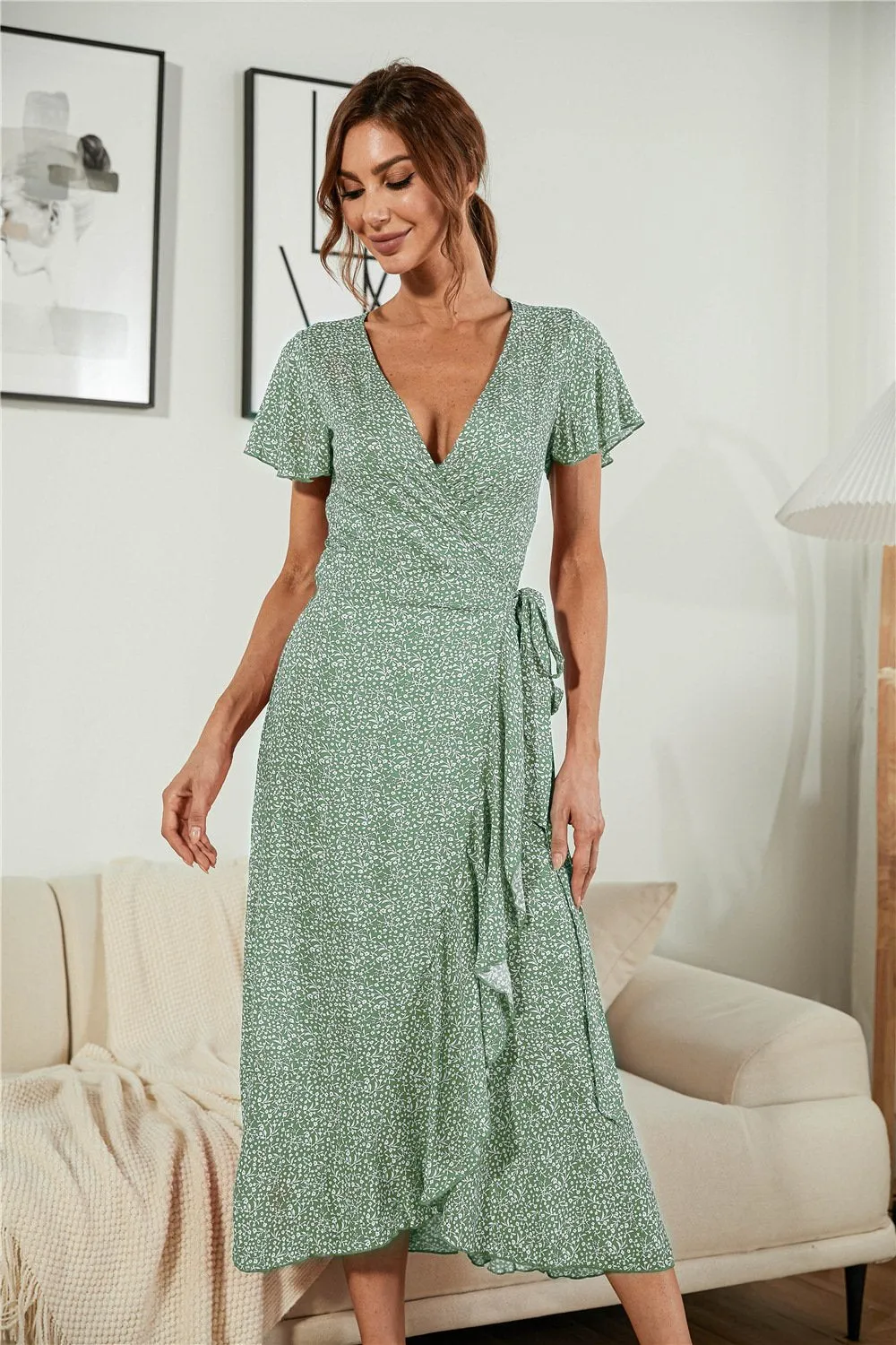 Casual  V Neck Short Sleeve Ruffle Hem Split Long Dresses