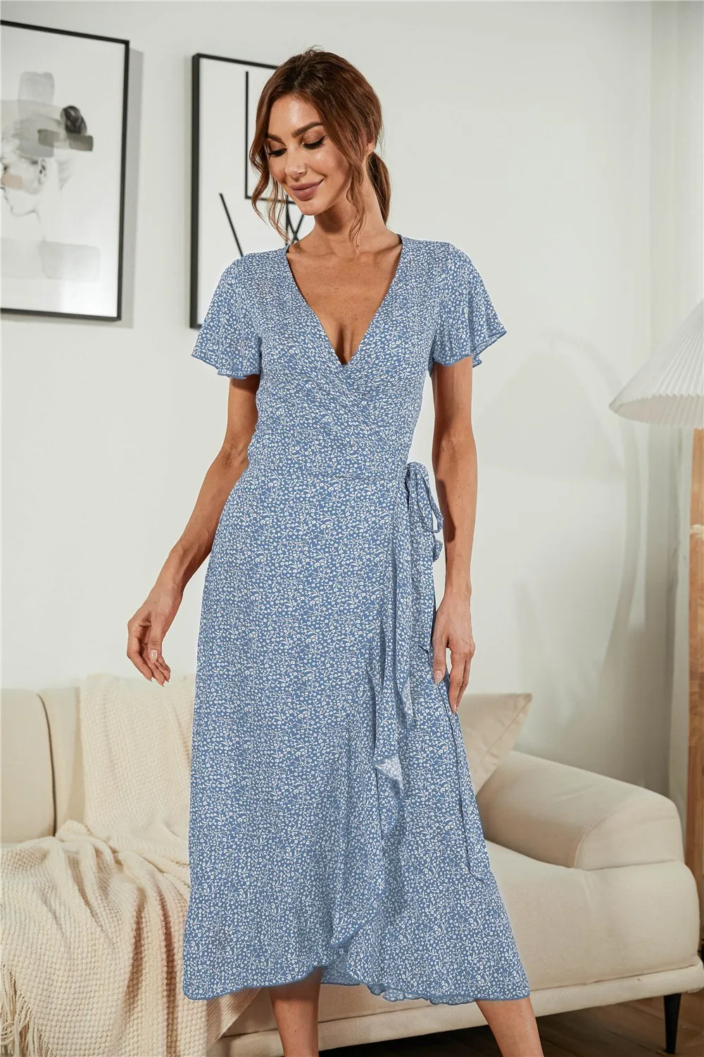 Casual  V Neck Short Sleeve Ruffle Hem Split Long Dresses