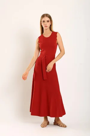 Clabelle Knit Belted Dress in Brick Red