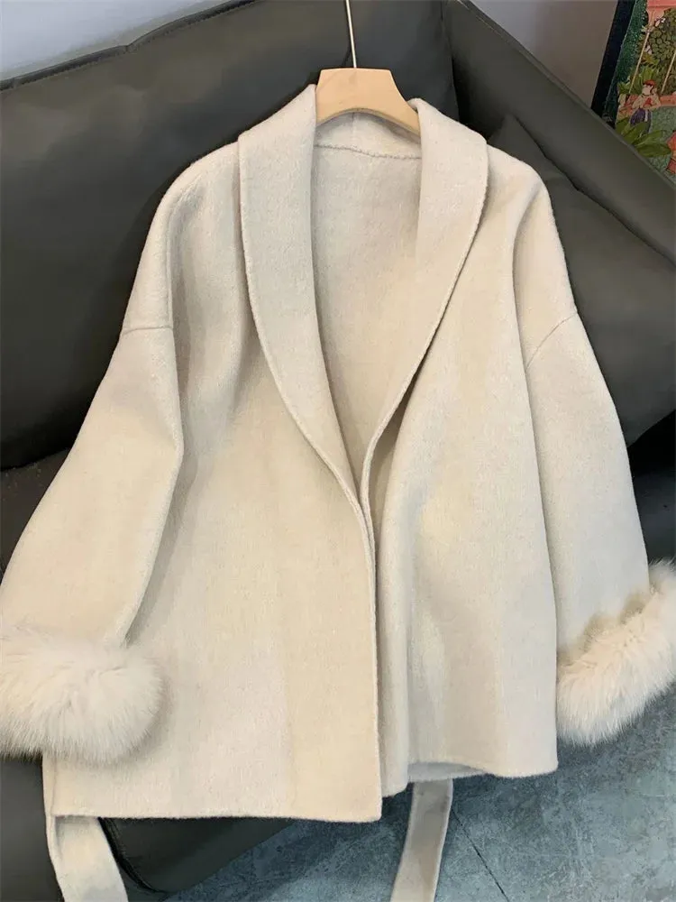 Classy Sara Fox Fur Wool wrap coat