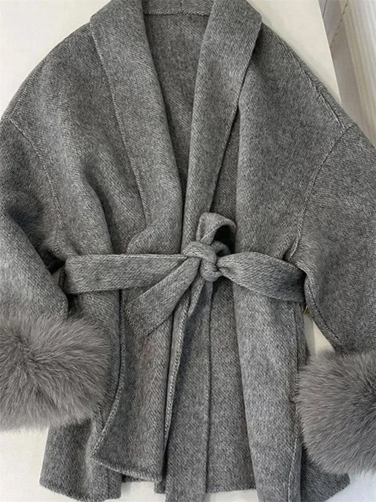 Classy Sara Fox Fur Wool wrap coat