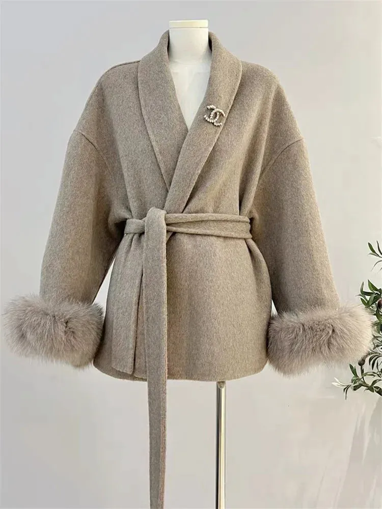 Classy Sara Fox Fur Wool wrap coat