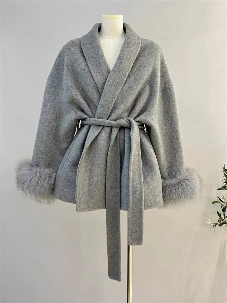 Classy Sara Fox Fur Wool wrap coat