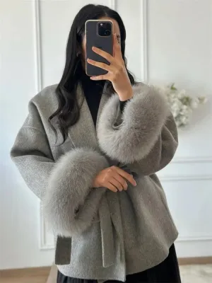 Classy Sara Fox Fur Wool wrap coat