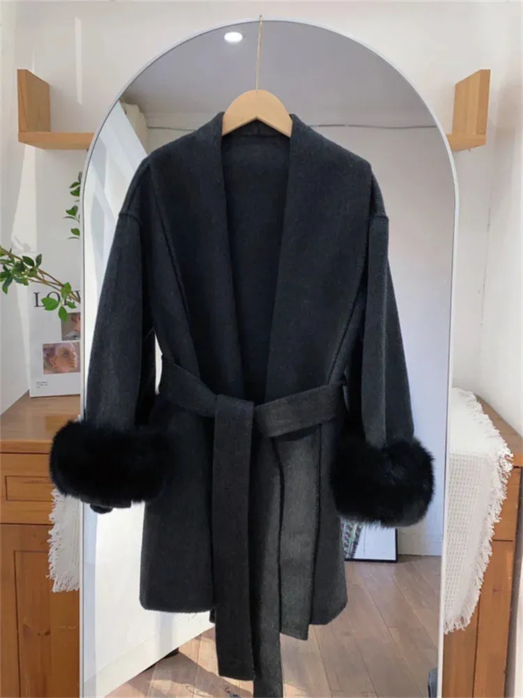 Classy Sara Fox Fur Wool wrap coat