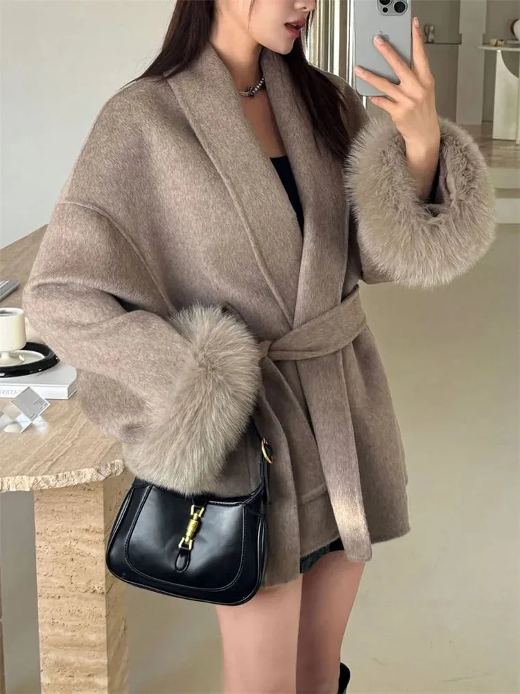 Classy Sara Fox Fur Wool wrap coat