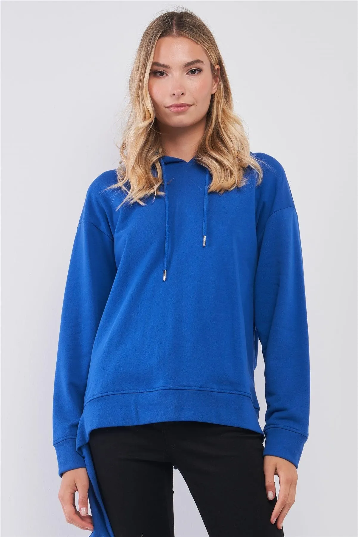 Cobalt Blue Oversized Uneven Hem Graphic "Venice" Pullover Hoodie Sweatshirt /3-2-1