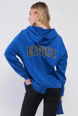 Cobalt Blue Oversized Uneven Hem Graphic "Venice" Pullover Hoodie Sweatshirt /3-2-1