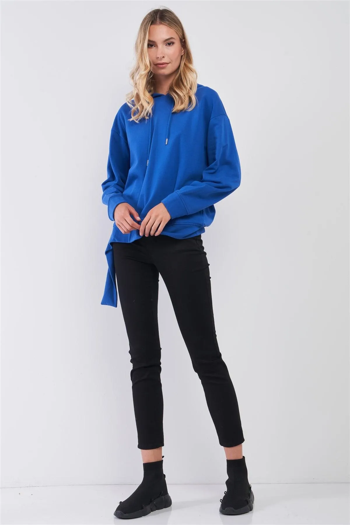 Cobalt Blue Oversized Uneven Hem Graphic "Venice" Pullover Hoodie Sweatshirt /3-2-1