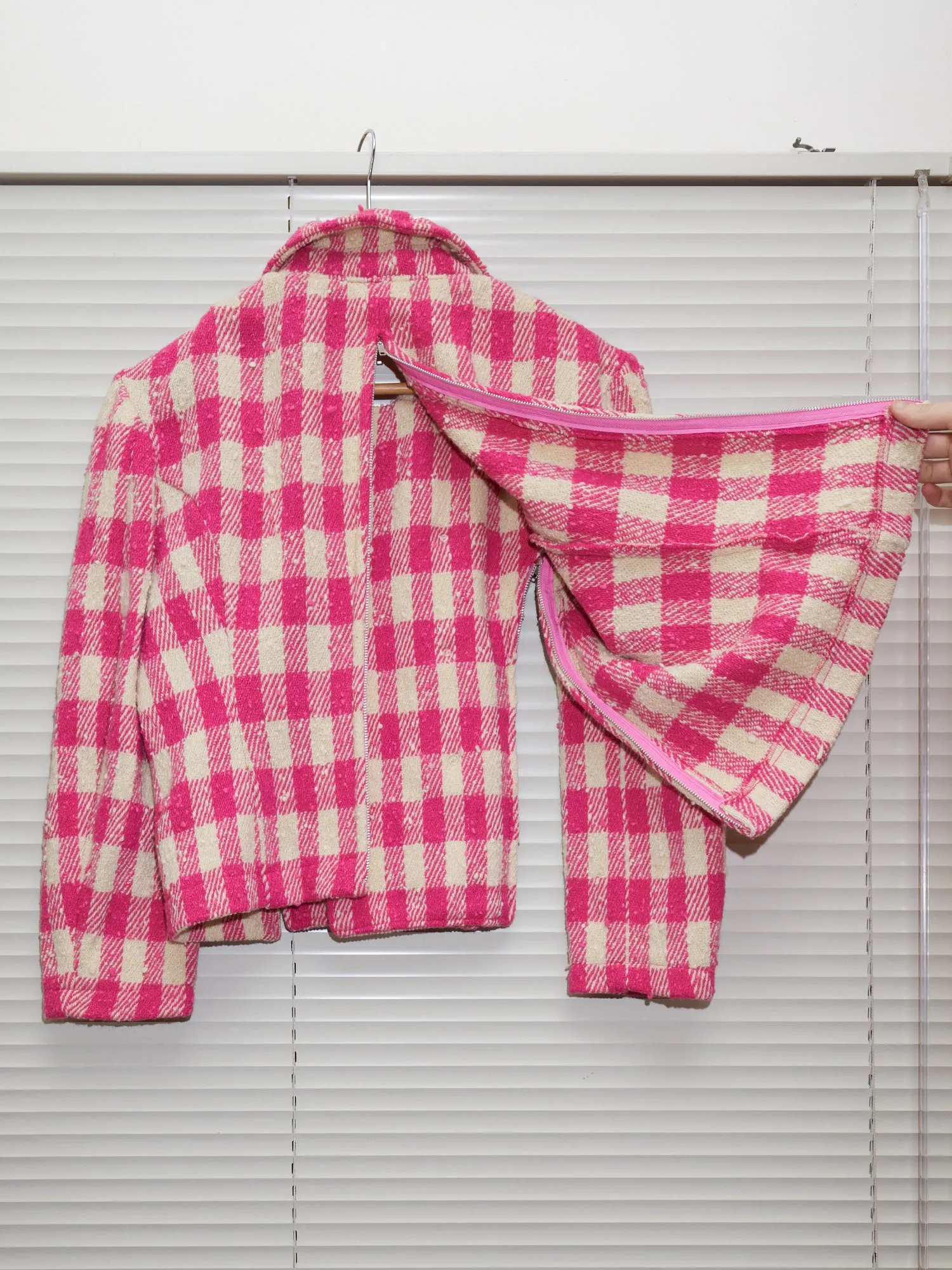 Comme des Garcons 1991 pink cream wool check zipped seam peacoat - womens S