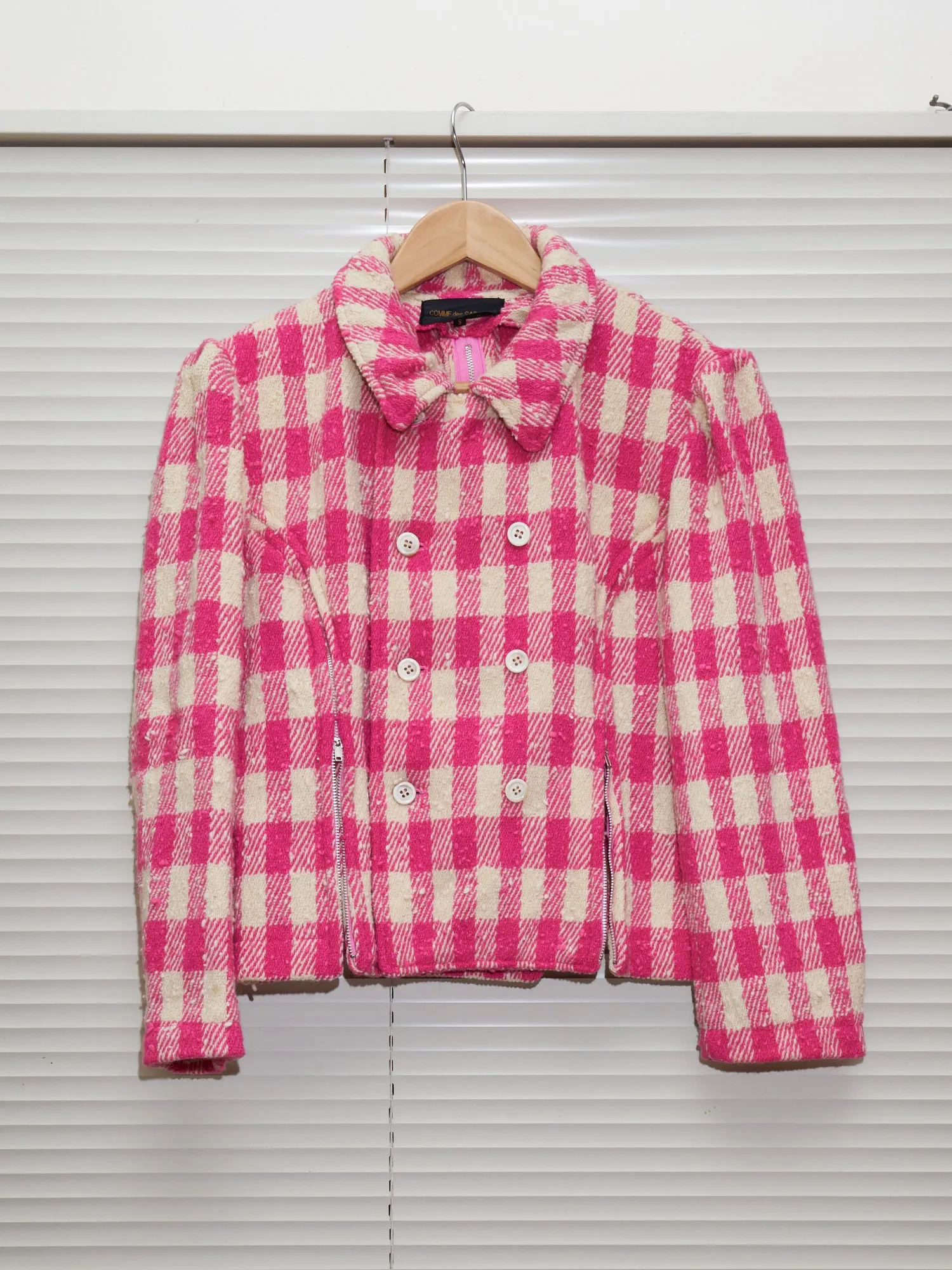 Comme des Garcons 1991 pink cream wool check zipped seam peacoat - womens S