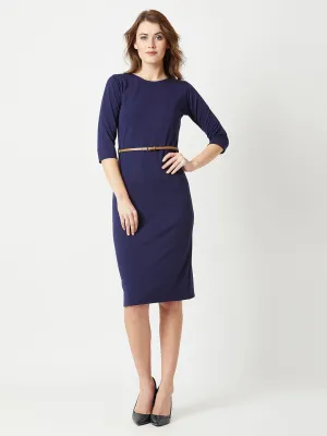 Crease Ease Women's Navy Blue Round Neck 3/4 Sleeve Solid Belted Bodycon Midi Dress