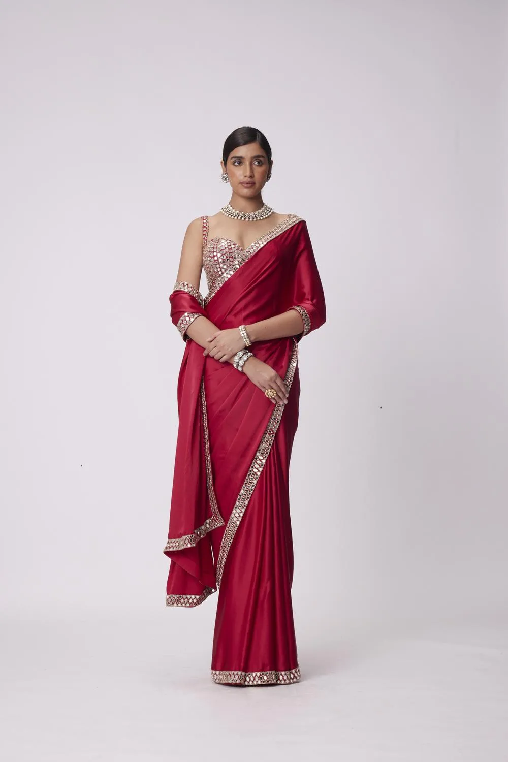 Crimson Red Satin Saree Set