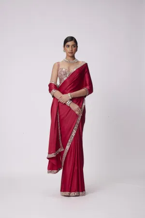 Crimson Red Satin Saree Set