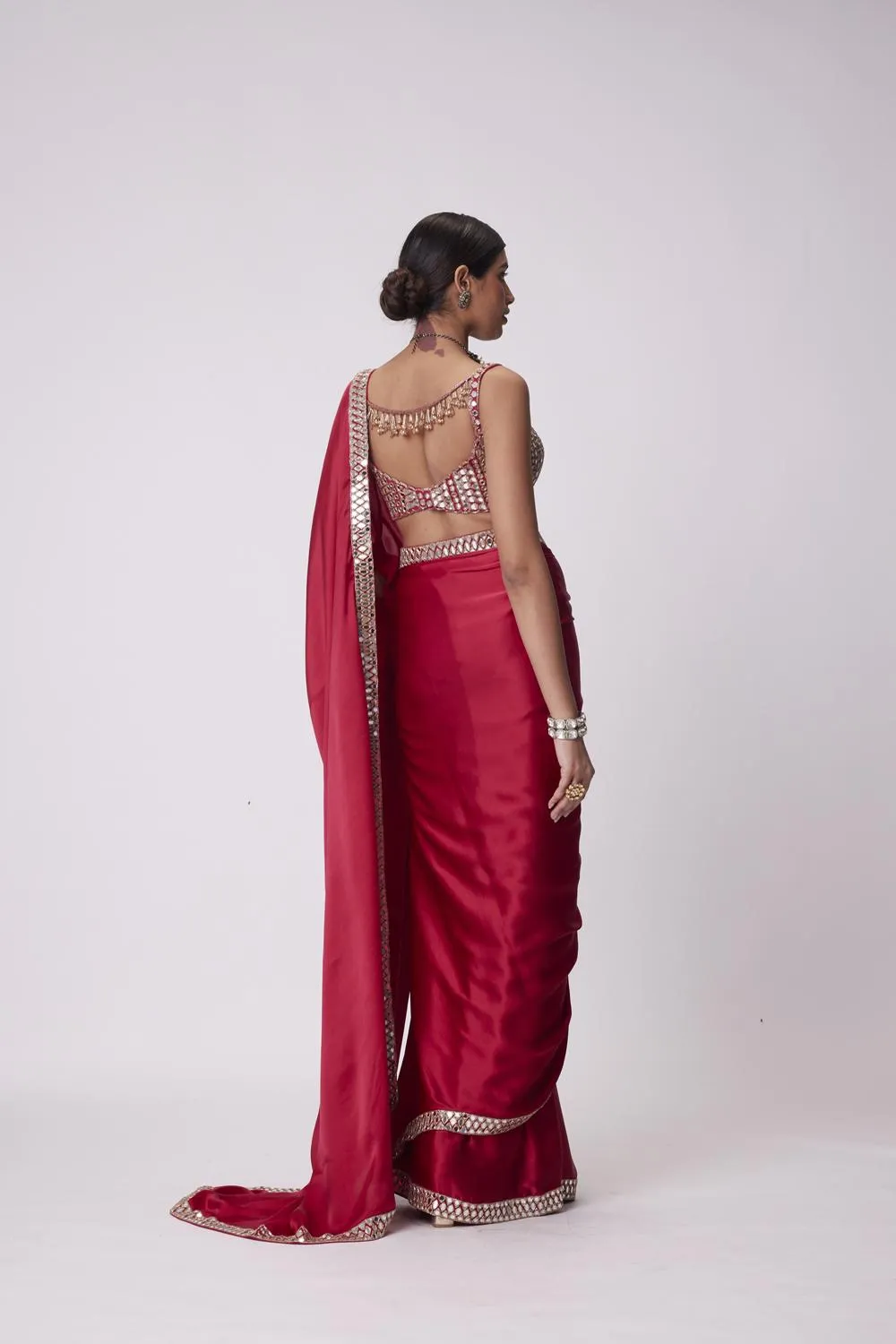 Crimson Red Satin Saree Set