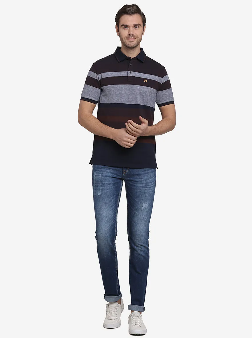 Dark Brown & Grey Striped Slim Fit Polo T-shirt  | JadeBlue