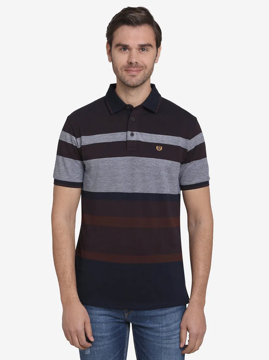 Dark Brown & Grey Striped Slim Fit Polo T-shirt  | JadeBlue