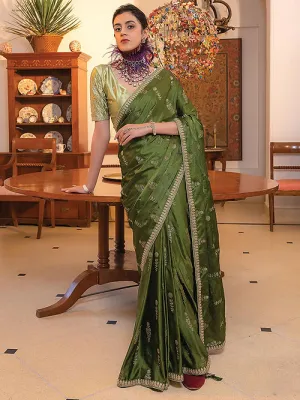 Dark Green Satin Saree With Embroidered Blouse