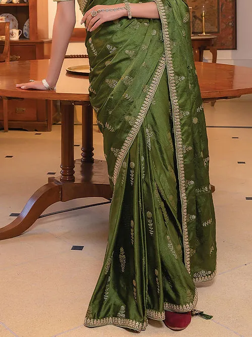 Dark Green Satin Saree With Embroidered Blouse