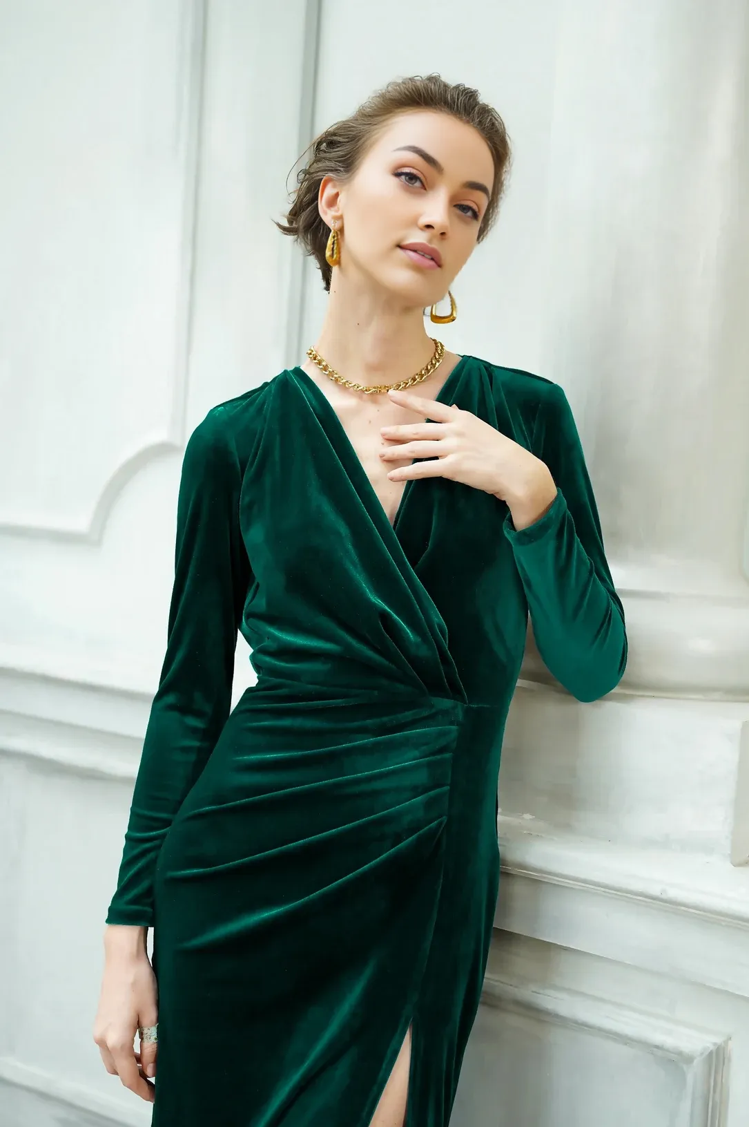 Dark Green Velvet Slip Dress Wedding Guest Dress Winter Velvet Long Sleeves Deep V-neck Evening Gown