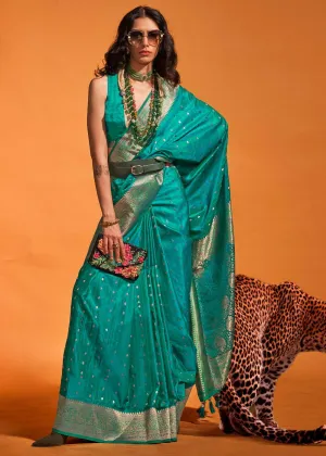 Dark Tiffany Blue Handloom Woven Designer Satin Silk Saree