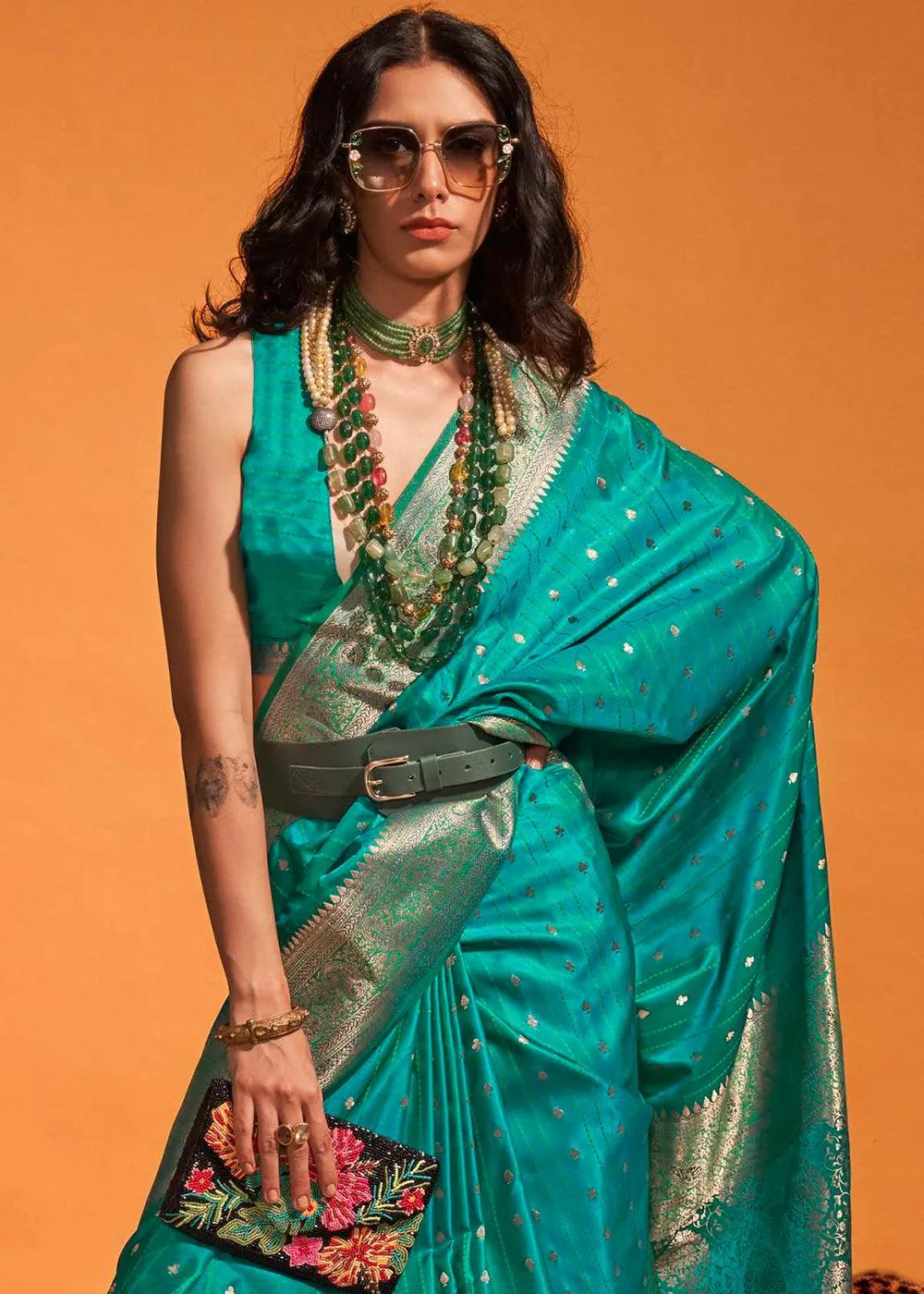 Dark Tiffany Blue Handloom Woven Designer Satin Silk Saree