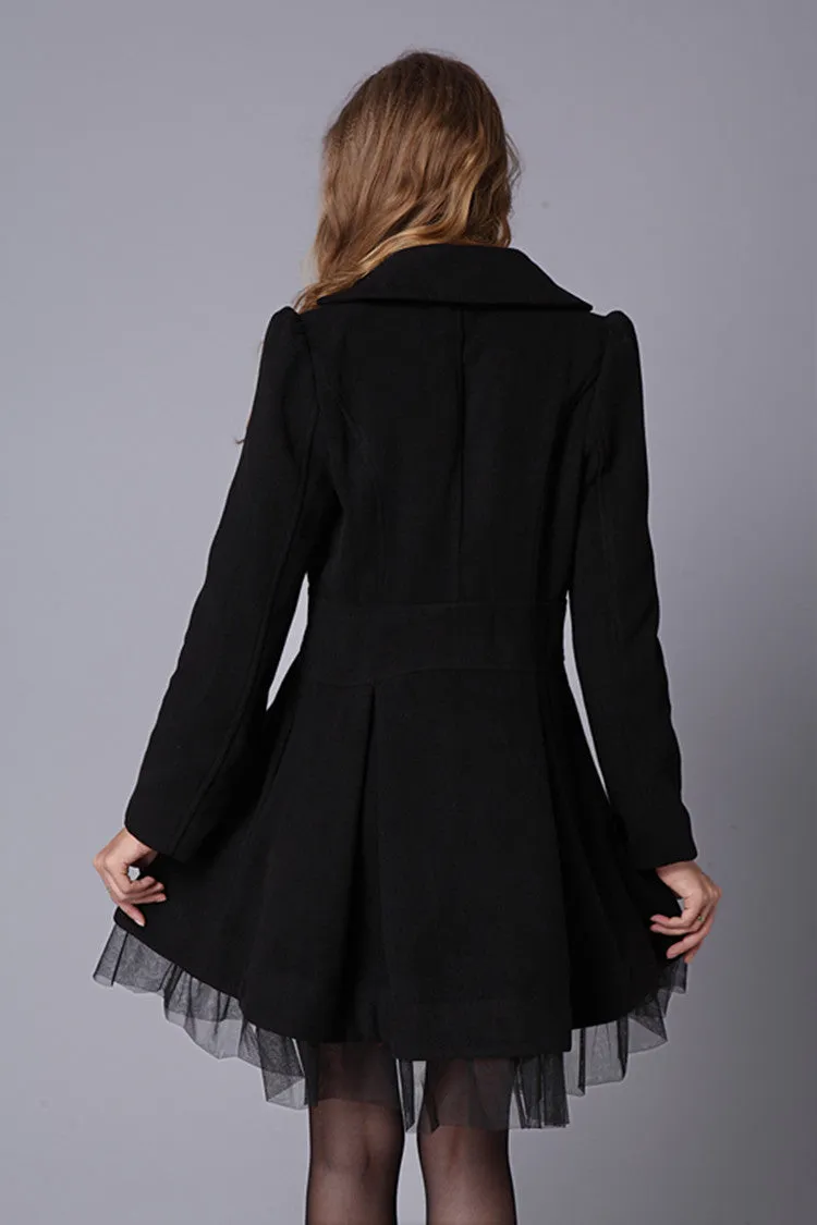 Double-Breasted Beam Waist Ruffles Women's Coat