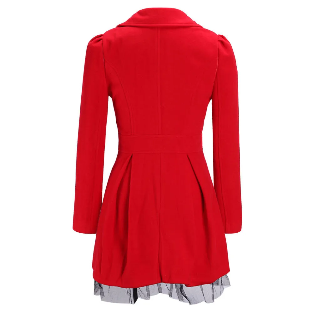 Double-Breasted Beam Waist Ruffles Women's Coat